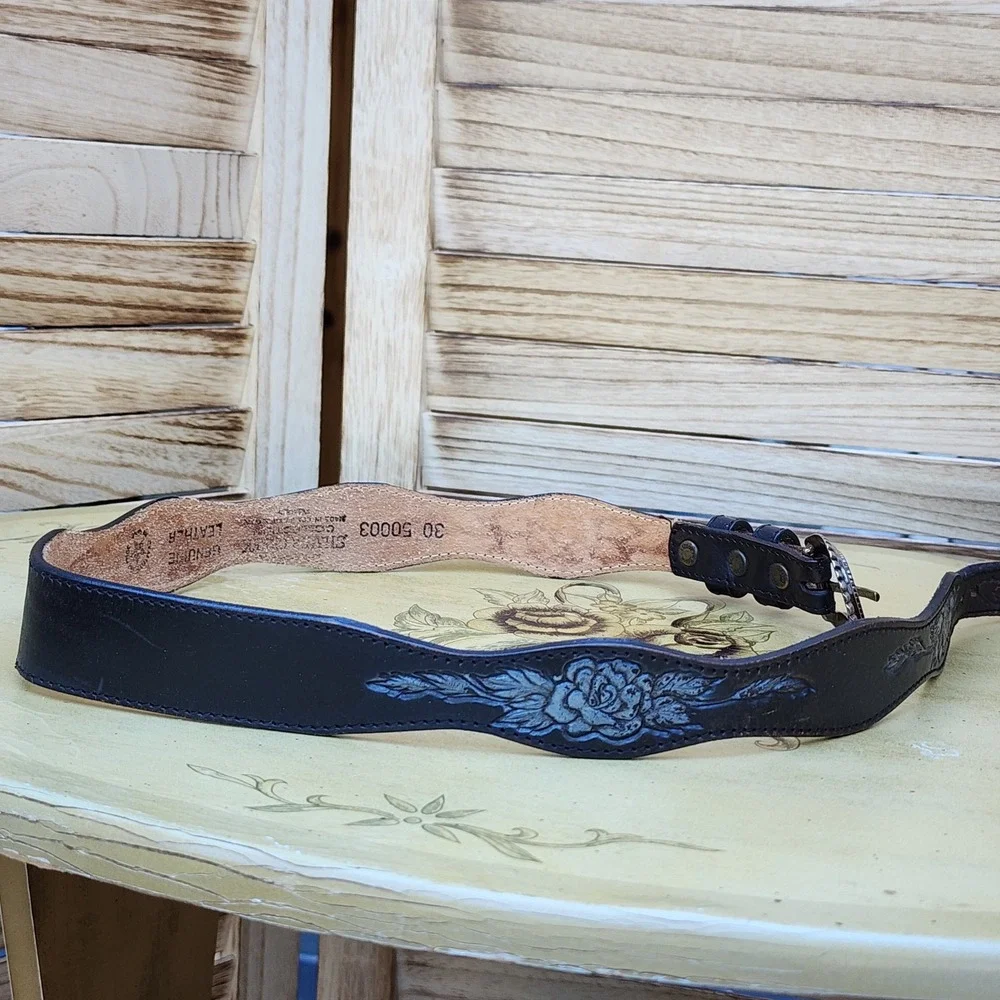 Vintage Silver Creek Sz 30 Black Leather Tooled Floral Western Belt Feminine
